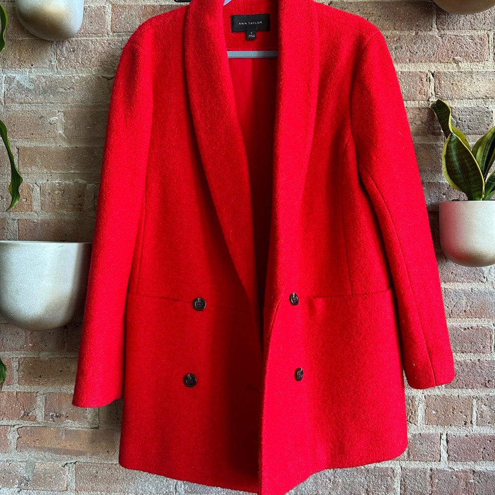 Ann Taylor Red Double Breasted Tweed Jacket Coat